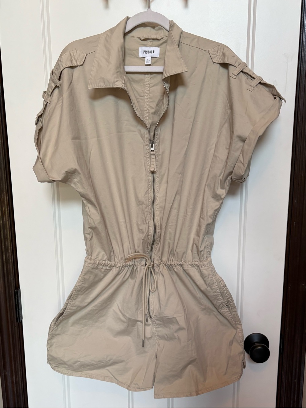 Pistola Khaki "Meg" Short Sleeve Zip Front Utility Romper - Size Large